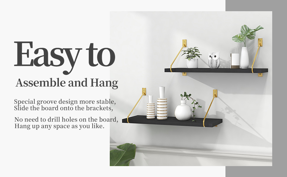 Gronda Black Floating Shelves Set of 2, Black Gold Wall