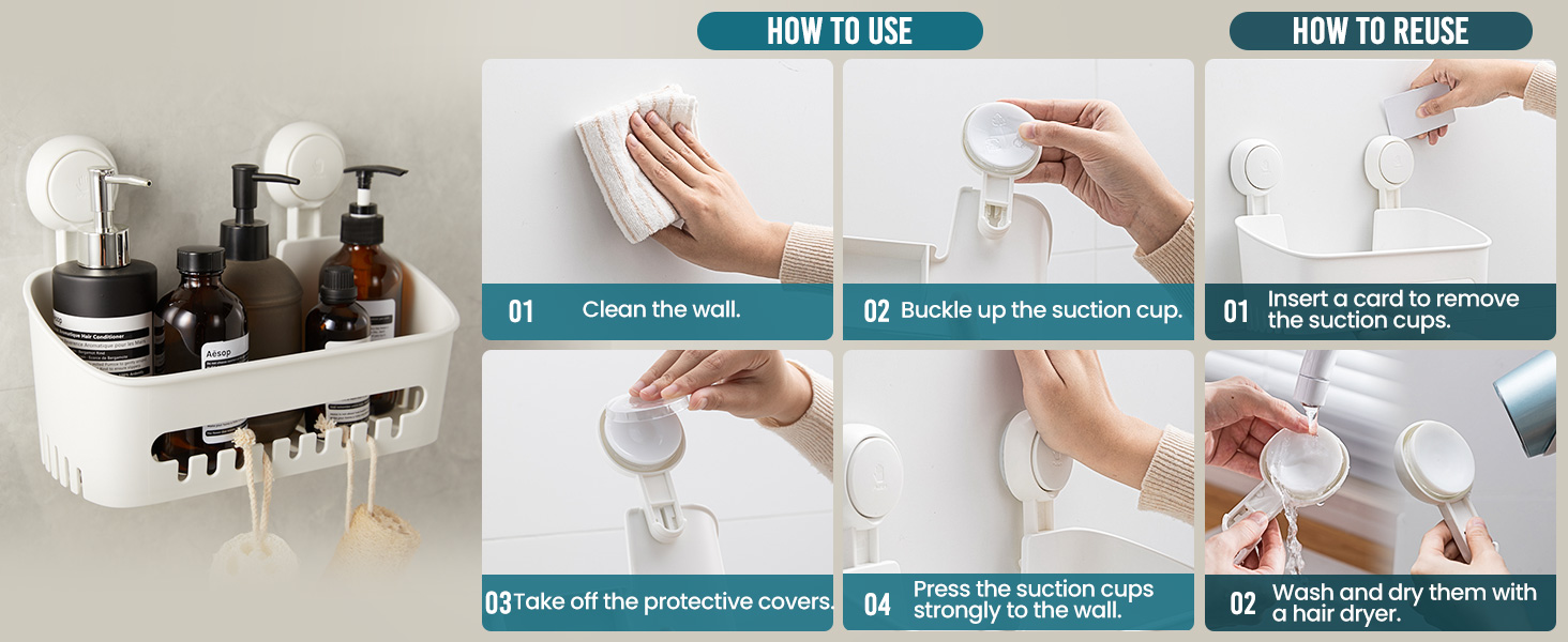 TAILI Suction Shower Caddy Bathroom Shelves, Max Hold 10KG Shower Tidy