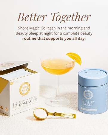 Shore Magic 14 day packets with the Beauty sleep canister next to an glass filled with juice