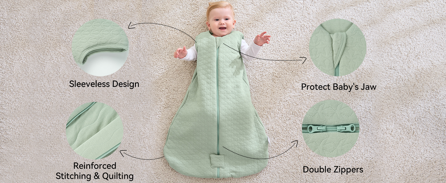 Mintgrüner Babyschlafsack mit Produktmerkmalen, die das ärmellose Design hervorheben, doppelten Reißverschlüssen, verstärkten Nähten
