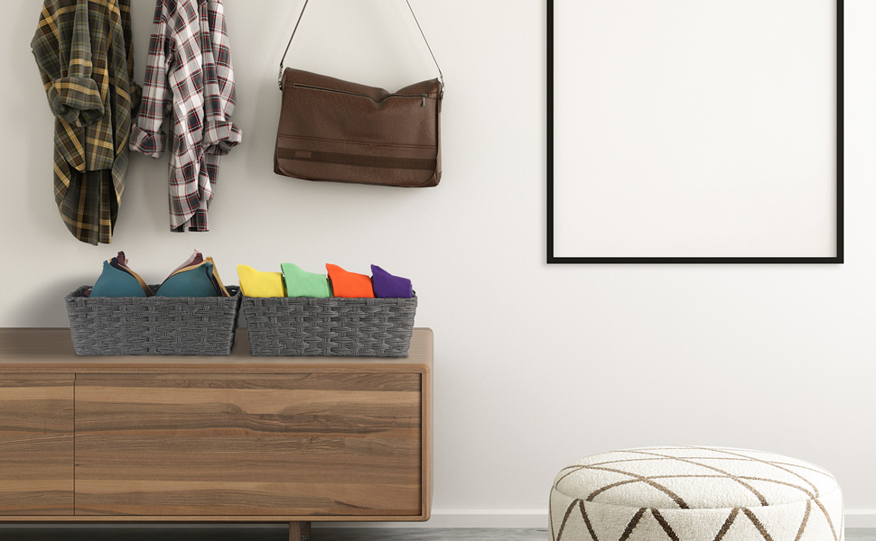 Onlytak Large Wicker Storage Basket, Metal Frame, Set of 2