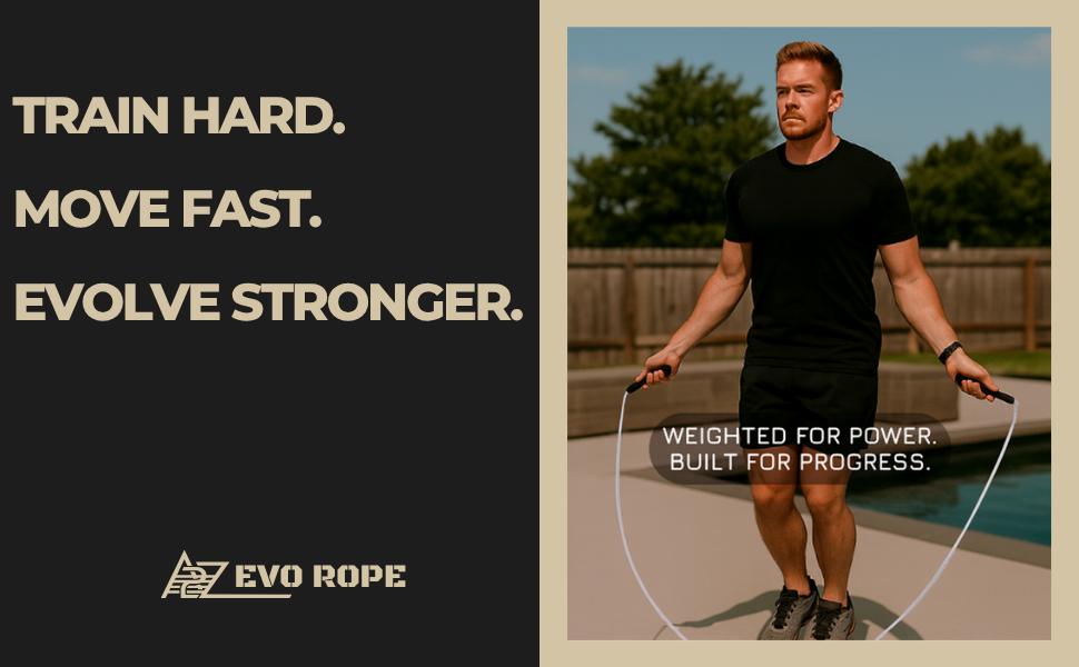 Man using A2Z Evo weighted jump rope outdoors with tagline: Train Hard. Move Fast. Evolve Stronger