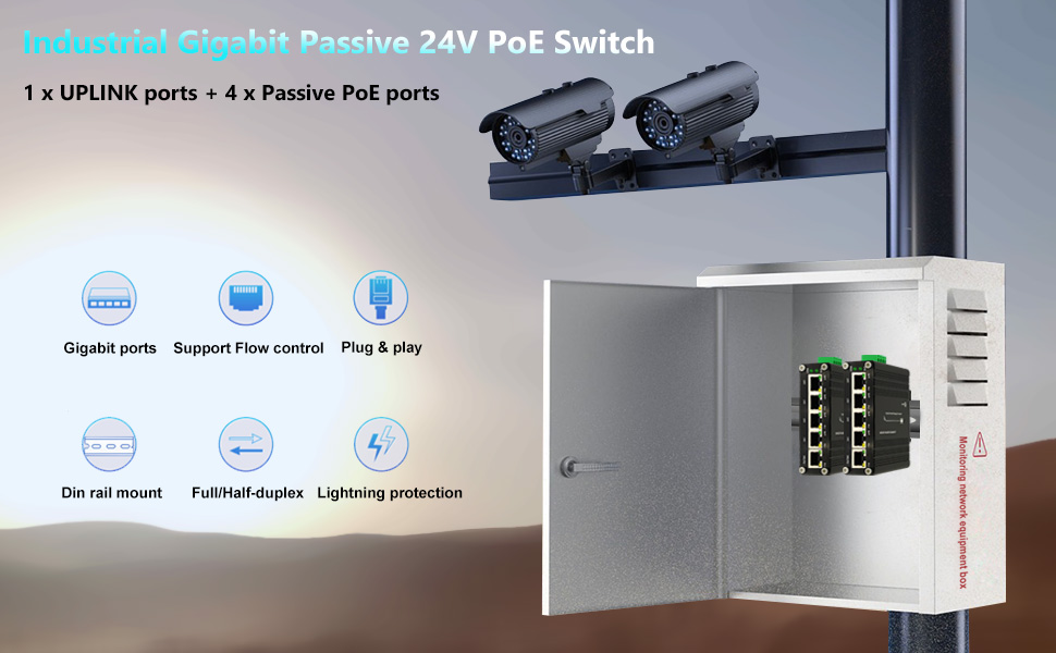 Mini commutateur passif de PoE de gigabit industriel de 5 ports pour la  sortie 24V, 5 ports PoE commutent 4 ports de PoE + 1 port de liaison  montante