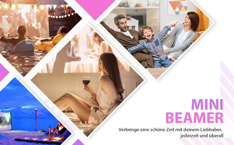Collage of images showing people using a mini projector in various settings: outdoors, living room, and bedroom.