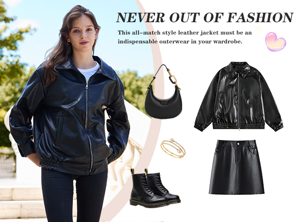 FSVABY Womens Oversized Faux Leather Motocycle Black Jacket