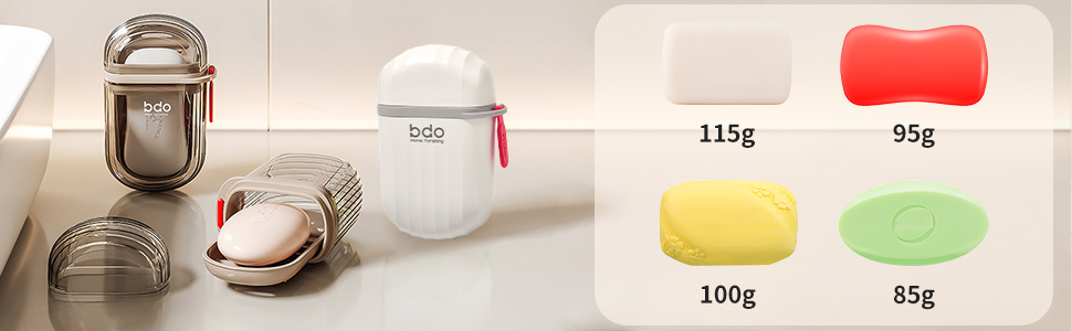 Présentation d'appareils de nettoyage du visage portables à poils en silicone. Différentes tailles et couleurs sont présentées, y compris le doré et le blanc. Les étiquettes de poids indiquent une fourchette de 85 g à 115