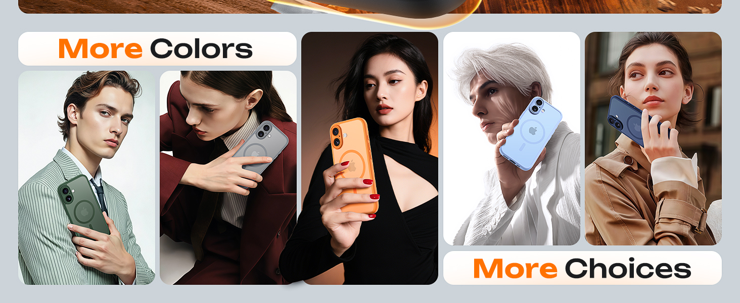 Text reads 'More Colors More Choices'. Collage of people holding and using phones, showing device in various angles and positions.