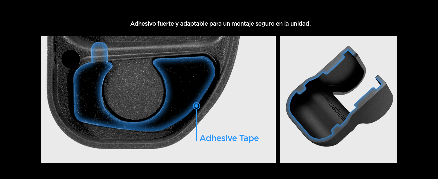 Primer plano de un dispositivo negro con cinta adhesiva azul en su interior. Dos vistas muestran la ubicación de la cinta y la forma curva del dispositivo