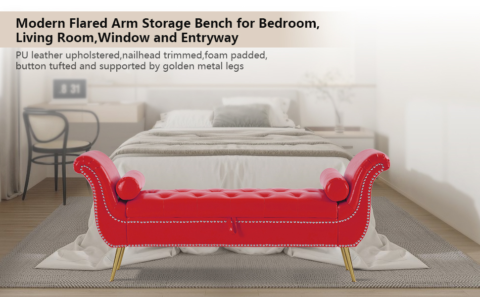 Setawix PU Leather Storage Ottoman Bench End of Bed 66.53" Tufted Rolled Arm Bed