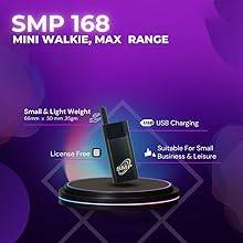 Text reads 'SMP 168 MINI WALKIE, MAX RANGE'. Product features shown include 'Small & Light Weight', 'USB Charging', 'License Free', and 'Suitable For Small Business & Leisure' against purple backdrop with device display.