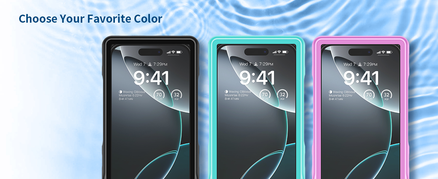 Three smartphones with protective cases in black, teal, and pink. Screens display identical clock interfaces. Text above reads 'Choose Your Favorite Color'.