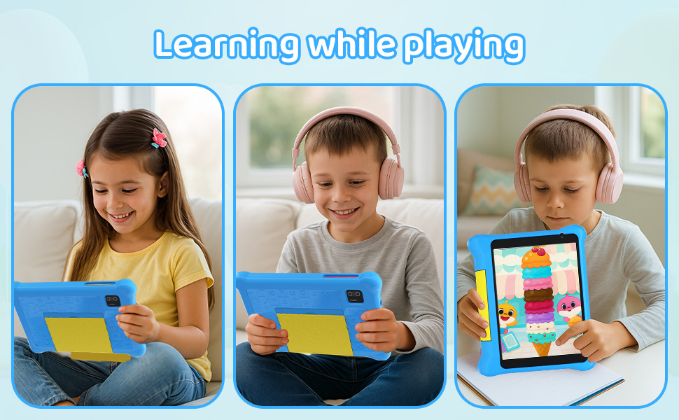 Text reads 'Learning while playing'. Series of images showing hands interacting with educational materials on a table surface.