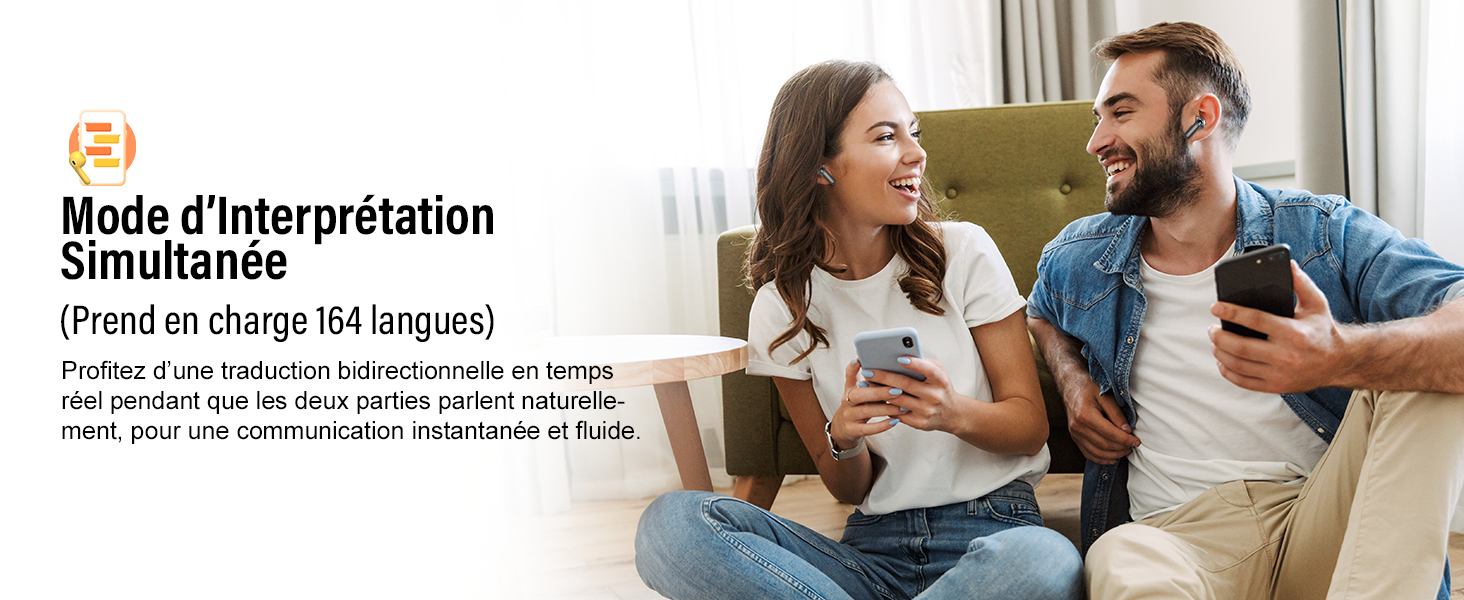Le texte indique « Mode d'interprétation simultanée » montrant des personnes utilisant des écouteurs dans ce qui semble être une interprétation ou une traduction simultanée.