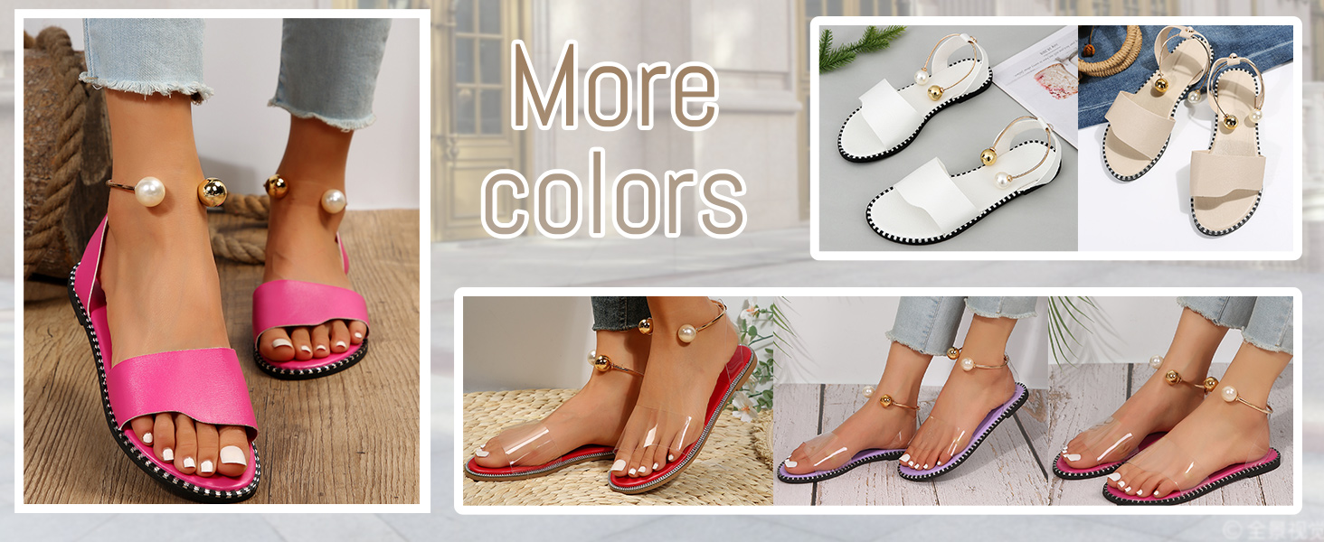 OYOANGLE Women's Pearl Decor Clear Straps Open Toe Flat Sandals