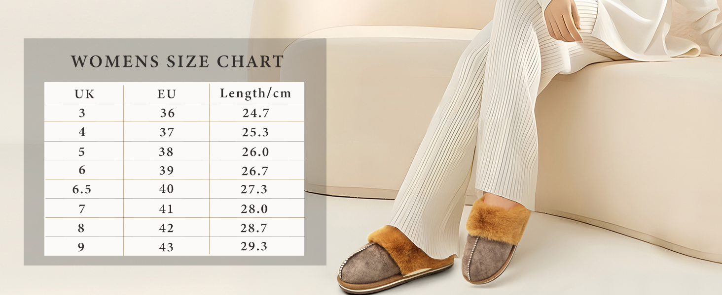 Women's size chart displaying UK sizes and lengths, alongside an image of legs wearing beige pants and fur-lined slippers.