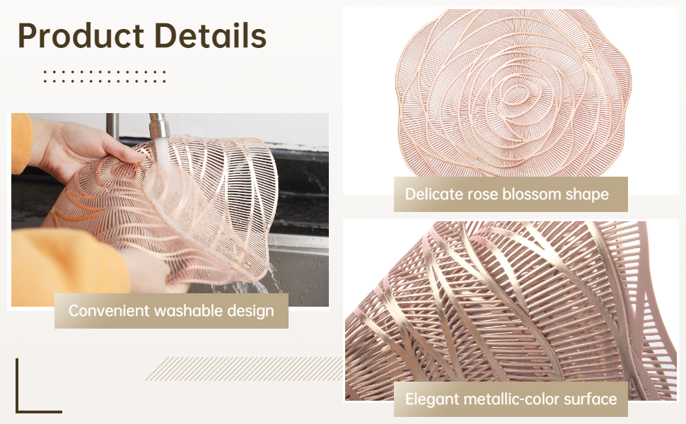 Rose Gold Placemats and Coasters Set of 6, Round Pressed Metallic Vinyl Place Mats