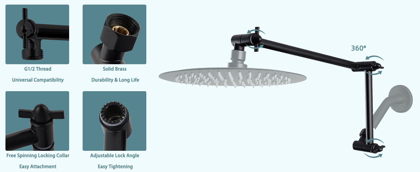 iFealClear Adjustable Shower Head Extension Arm, 16" Brass Shower Head