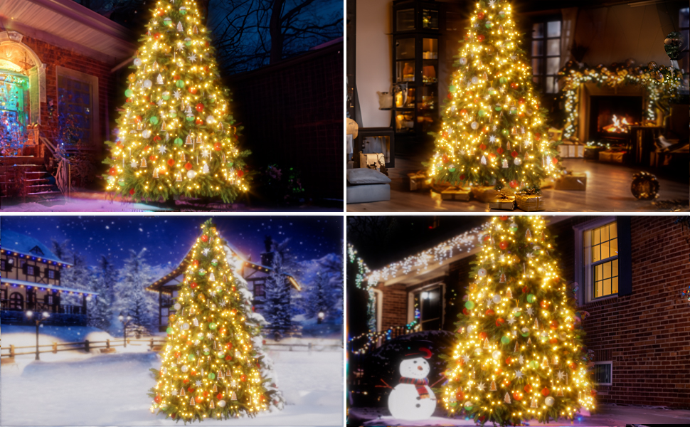 Collage of four illuminated Christmas trees in various settings: indoor living rooms and outdoor snowy scenes.