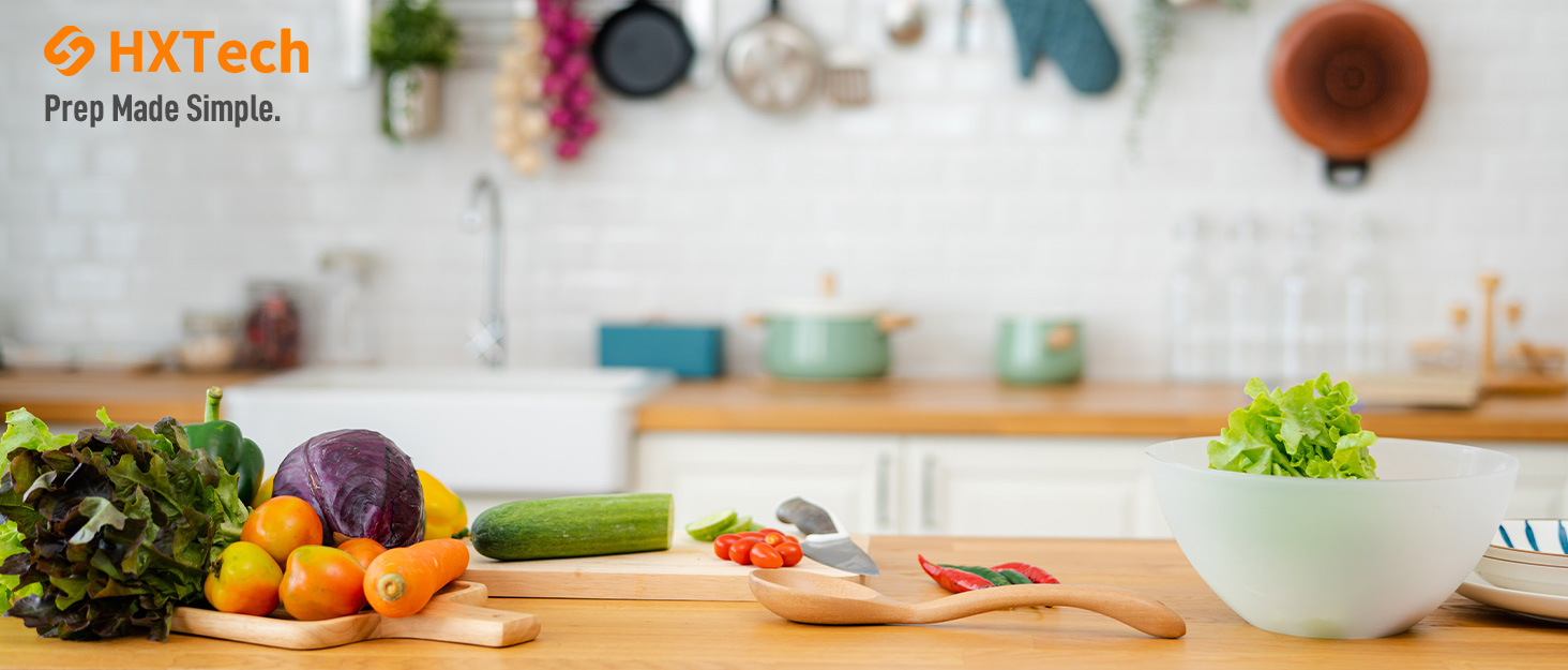 HXTech brand story image with fresh vegetables on a cutting board in modern kitchen.