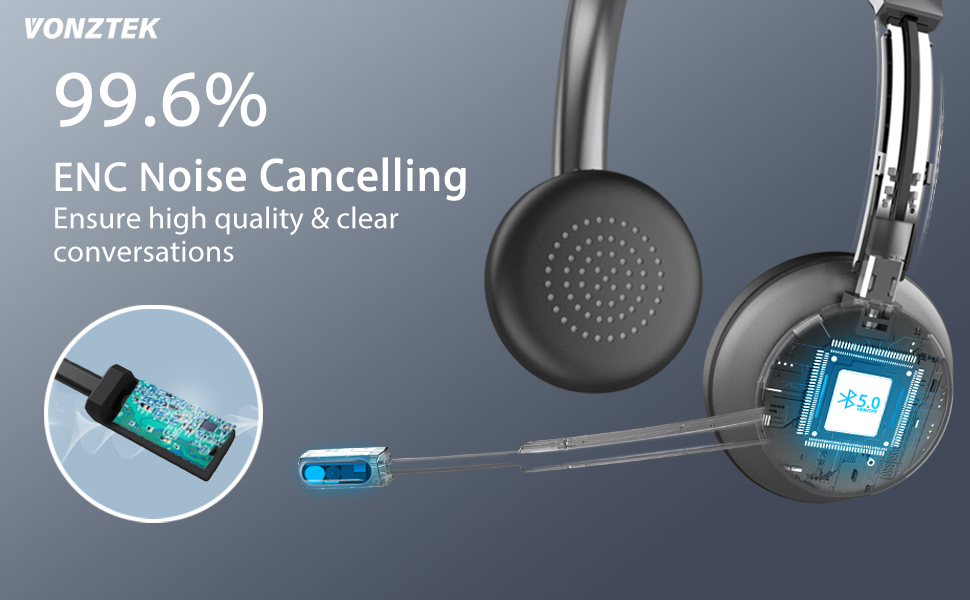 Vonztek Bluetooth Headset with Microphone Noise Canceling & Mute, Wireless Headset with USB