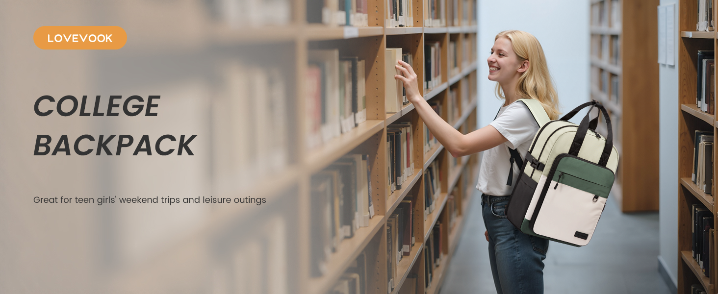 Text reads: 'LOVEVOOK' and 'COLLEGE BACKPACK'. Shows green and white backpack displayed in a library or study setting.