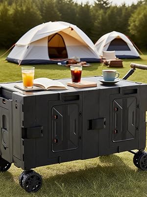 Carrello multiuso nero con set per la colazione che include bevande e cibo, posizionato sull'erba con tende da campeggio visibili sullo sfondo.