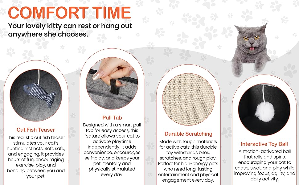 Cat cave bed features: fish teaser, pull tab, sisal scratching panel, and interactive toy ball.