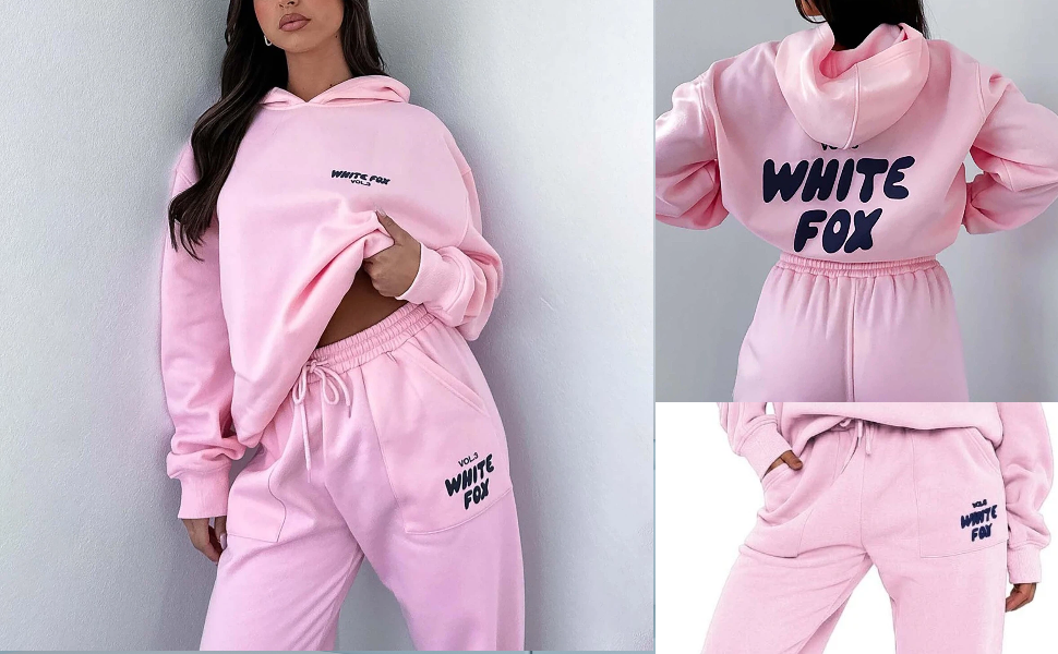 Women's Two Piece Hoodies Tracksuit, Womens White Fox Hoodie Tracksuit