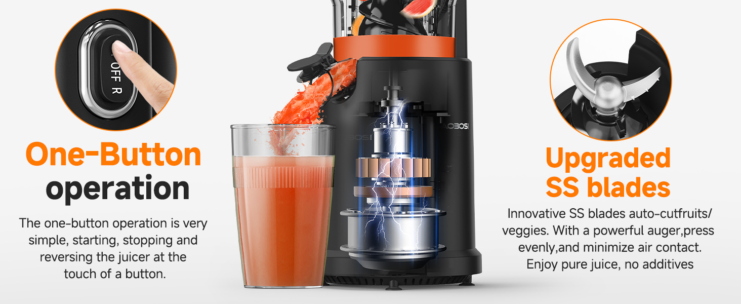 Text reads 'One-Button operation' and 'Upgraded SS blade'. Product demonstration showing blender operation with icons and text indicating features.