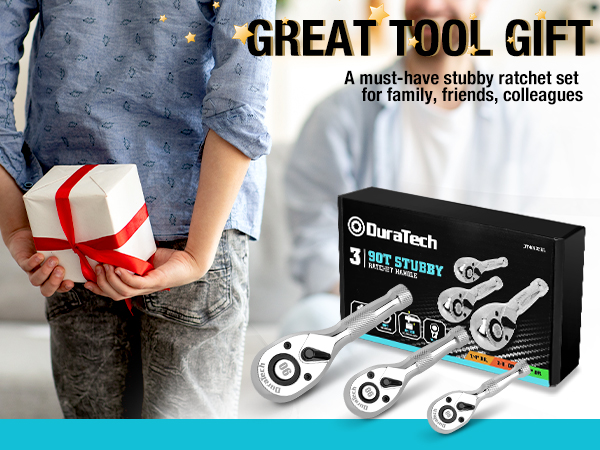 DURATECH 3PCS Stubby Ratchet Wrench Set, 90-Tooth 1/4