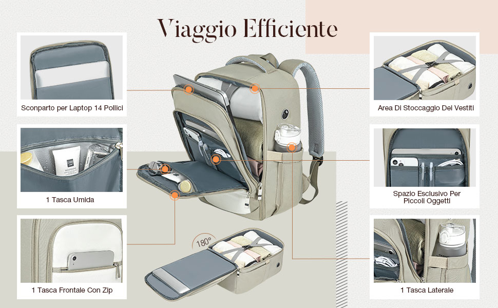 Sac à dos de voyage gris avec plusieurs compartiments illustrés dans le schéma détaillé, comprenant une pochette pour ordinateur portable, un rangement pour câbles et diverses poches de rangement.