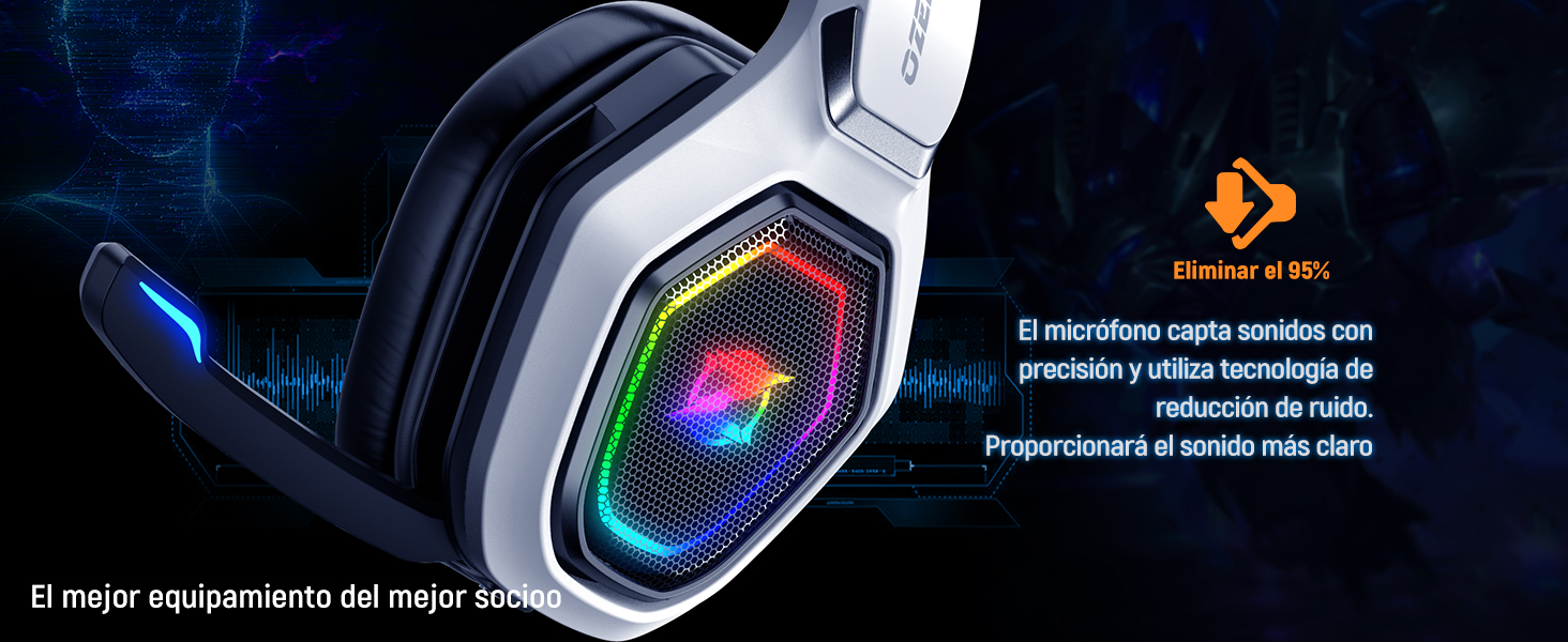 con efectos de iluminación RGB, con diseño de auriculares hexagonales e iluminación de acento azul sobre un fondo oscuro