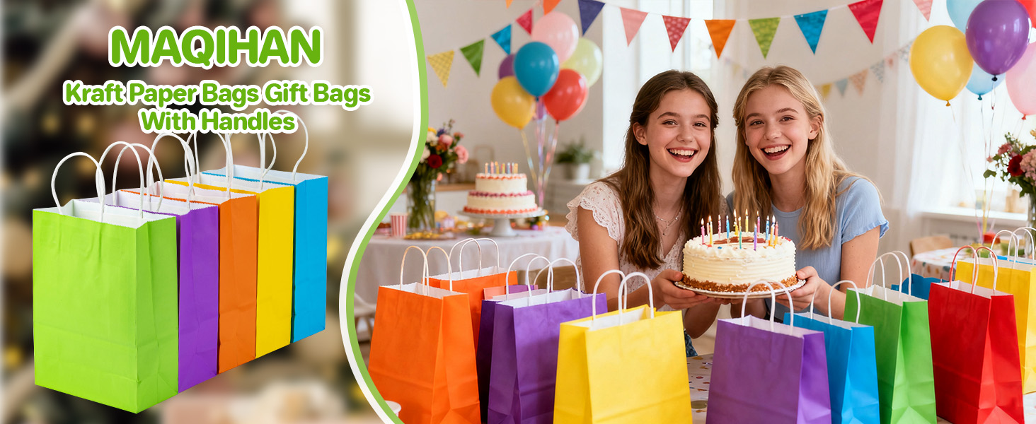Paper Gift Bags, Kraft Paper Party Favor Bags Bulk with Handles for Kids Birthday