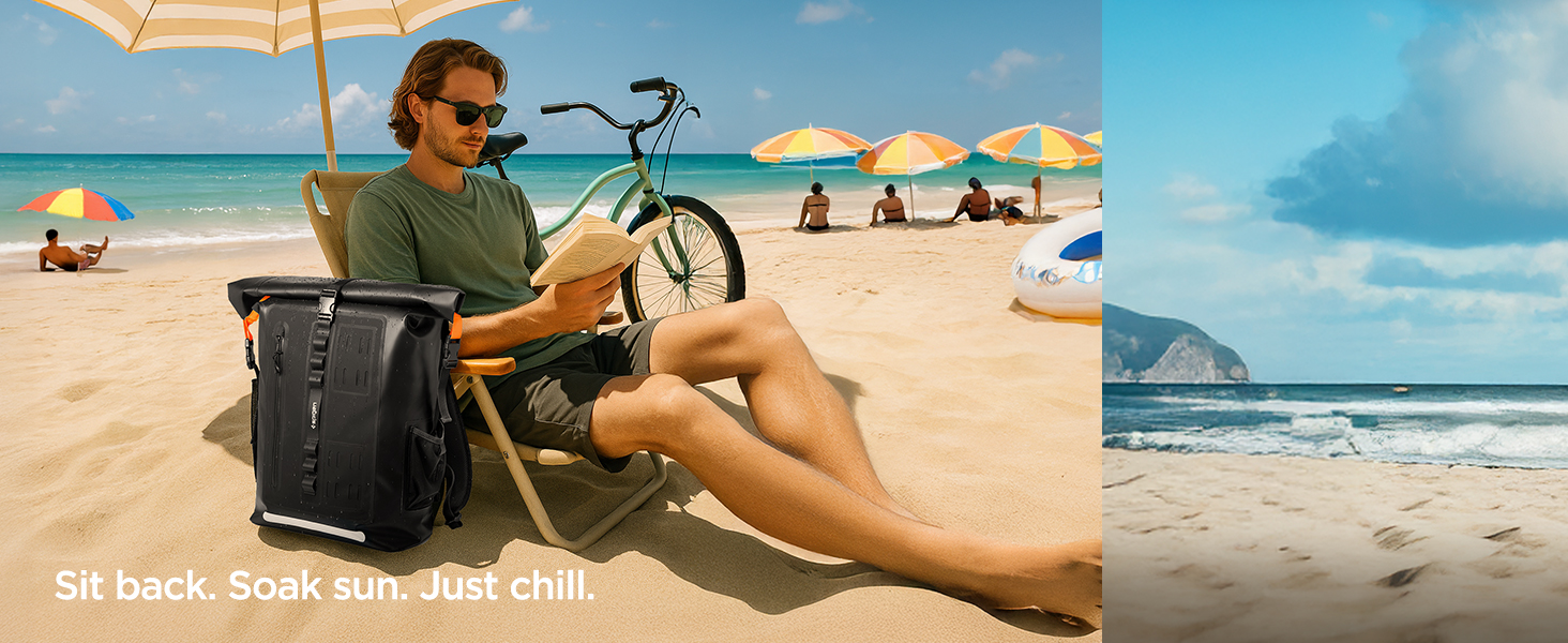 Black waterproof backpack on beach near person relaxing in chair. Bicycle visible in background. Text reads 'Sit back. Soak sun. Just chill.'