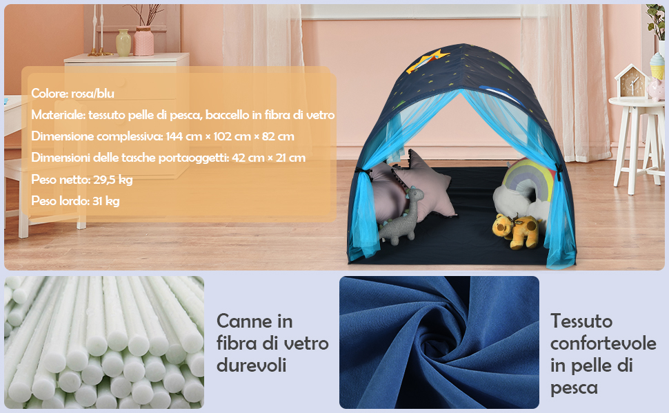 Tenda Da Gioco Per Bambini, Tenda Per Letto Con Borsa Di Trasporto, Casetta Per Bambini Portatile, Per Camera Da Letto Salone Giochi, 144 X 102 X 82 Cm (Blu) 13 1