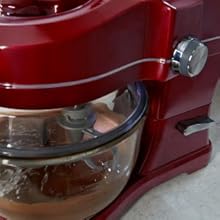 Closeup of chocolate batter being mixed in the Kenmore Elite Ovation stand mixer