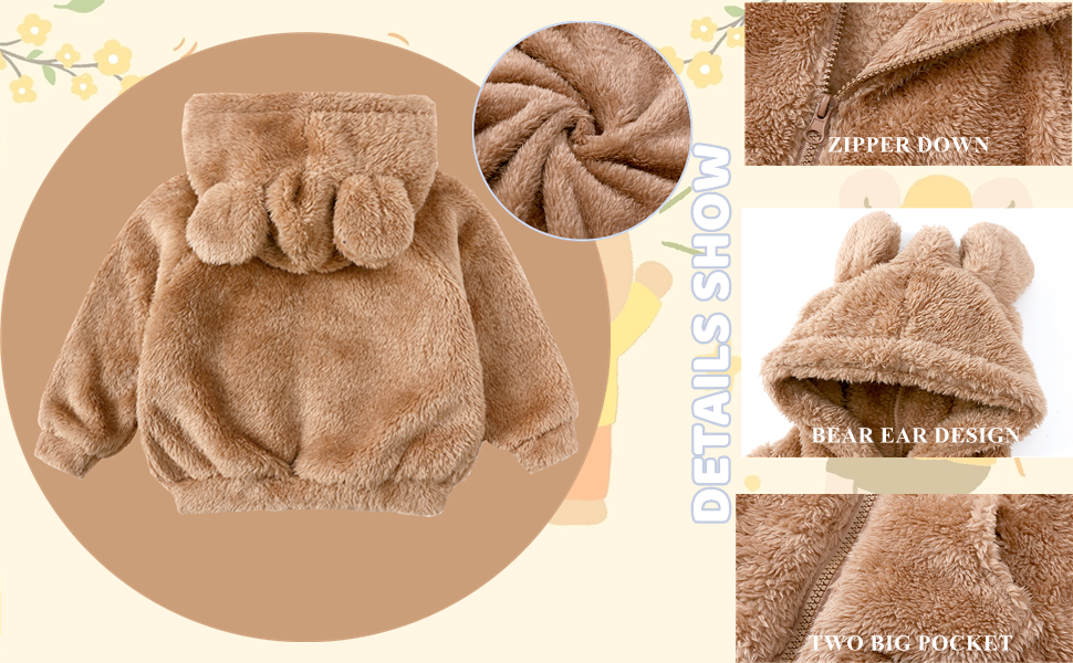 Unisex Toddler Boys Girls Brushed Bear Ear Hooded Zipper Jacket