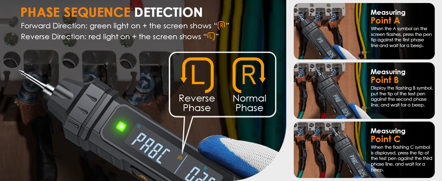 Text reads 'PHASE SEQUENCE DETECTION' with arrows indicating 'Reverse Phase' and 'Normal Phase'. Technical diagram showing L/R indicators with illuminated display.