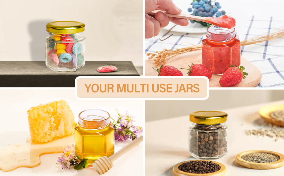 GIVAMEIHF Mini Honey jars1.5oz,48 pcs Hexagon honey jars with dipper,gold cover,bee