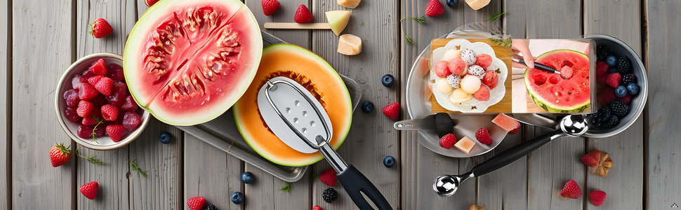 A vibrant and colorful array of fresh melons on a rustic wooden table, showcasing the product's vers