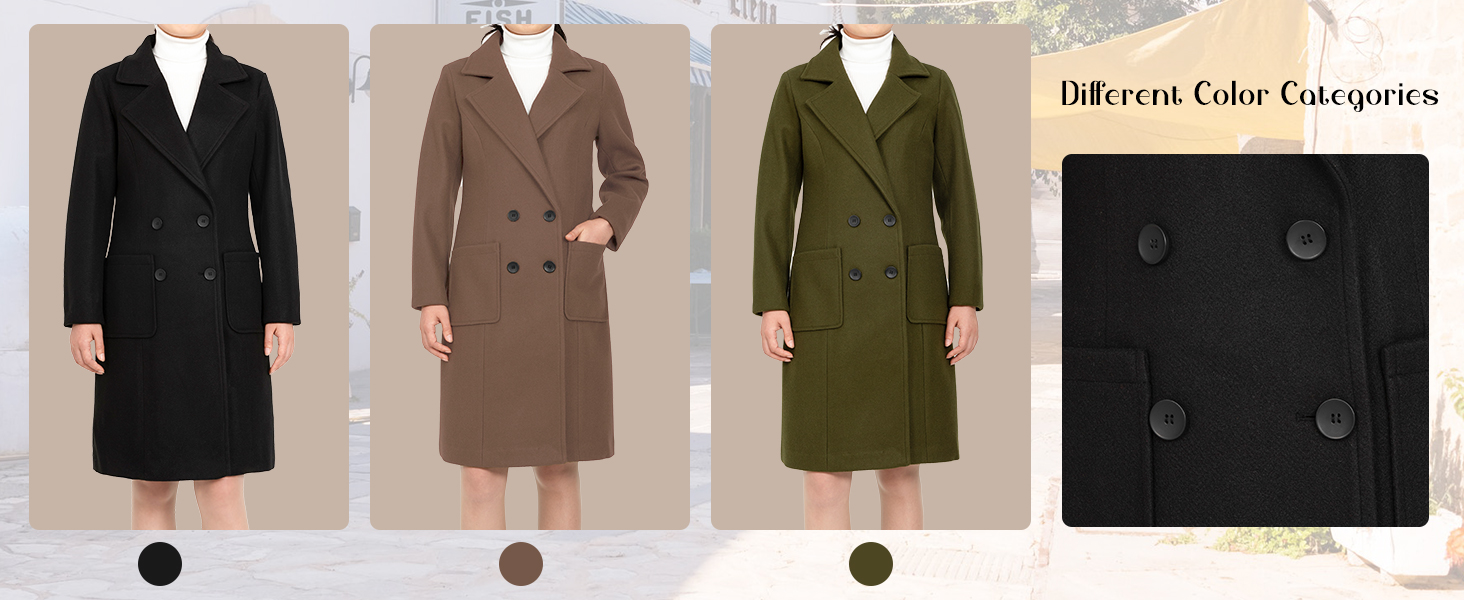 Women's Wool Trench Coat Double Breasted Pea Coat Nortched Laple Mid Long Wool Blend Overcoat