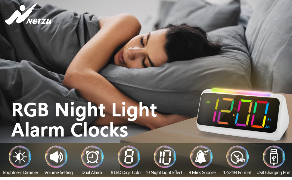 Digital Alarm Clock, Netzu Alarm Clocks for Bedrooms with 8 Color Night