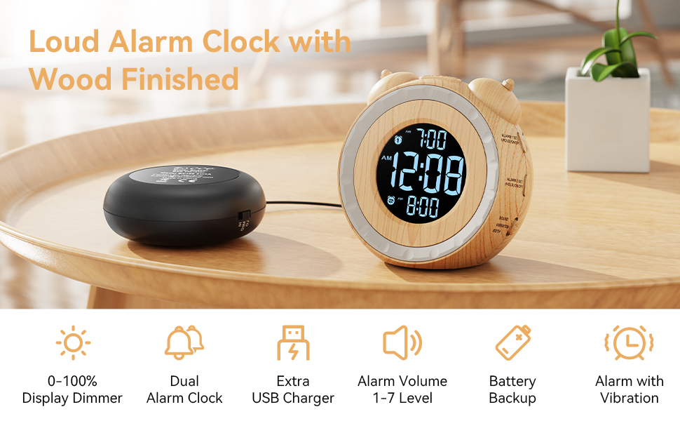 USCCE Dual Extra Loud Alarm Clock with Bed Shaker 0100 Dimmer