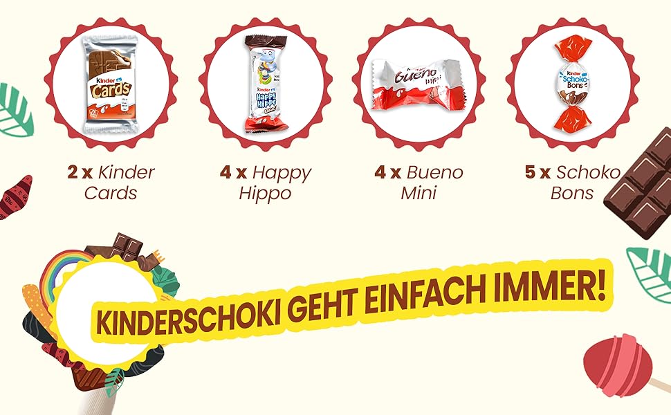 Text lautet „KINDERSCHOOH GEHT EINFACH IMMER!“ Produktsymbole, auf denen die Mengen angezeigt werden: 2 x Kinder, 4 x Happy Hippo, 4 x Bueno und 5 x Schoko-Bons, dargestellt in kreisförmigen Abzeichen mit Abbildungen.