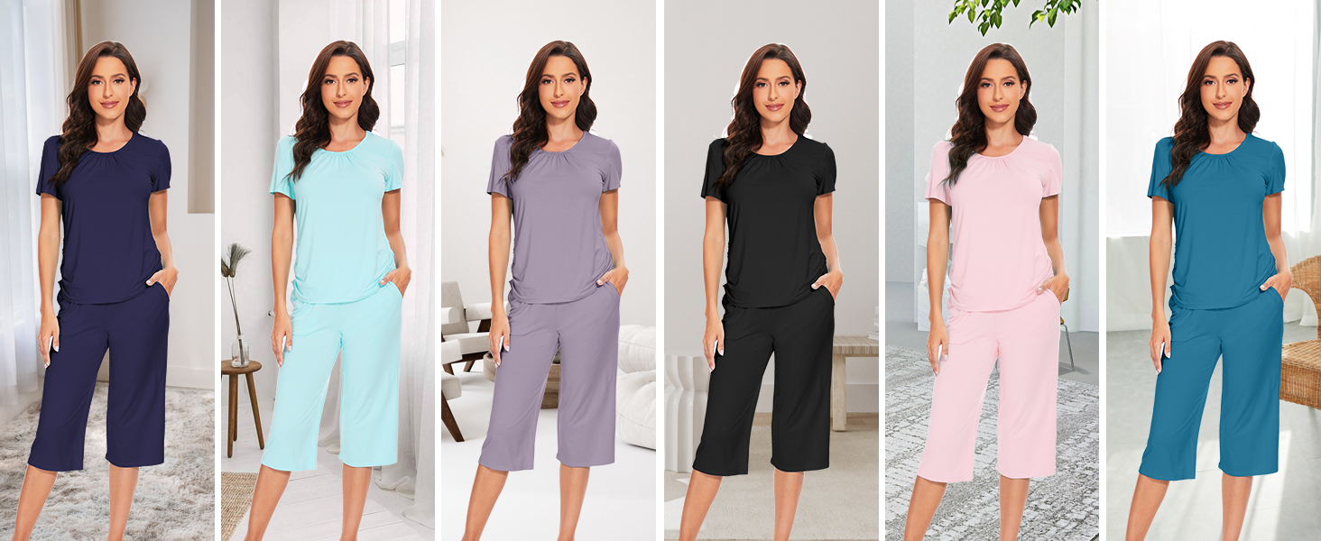 round collar ruffles on the neckline and both sides of the top capri pants with elastic waistband