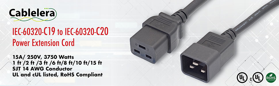 C19 to C20 AC Extension Power Cord 14 AWG SJT Cord