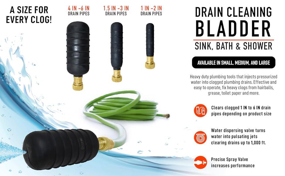 DrainX Hydro Pressure Drain Cleaning Bladder Fits 1.5" to 3" Drain