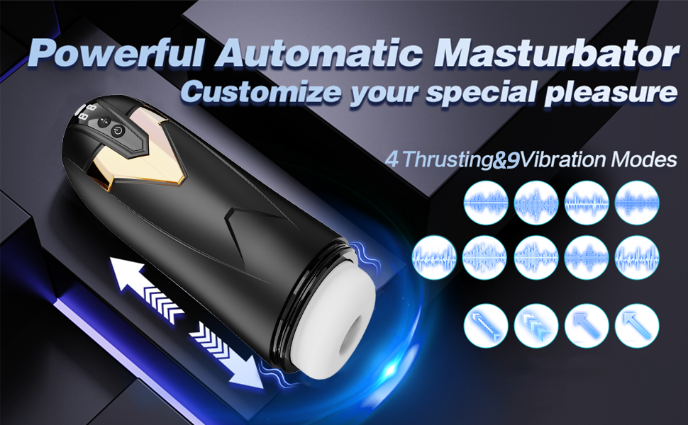 Black cylindrical device with buttons, advertised as an automatic personal pleasure product. Features 4 thrusting and 9 vibration modes, illustrated by icons.