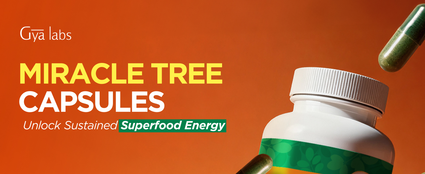 Bold orange background with moringa capsule bottle and green capsules talking about its benefit