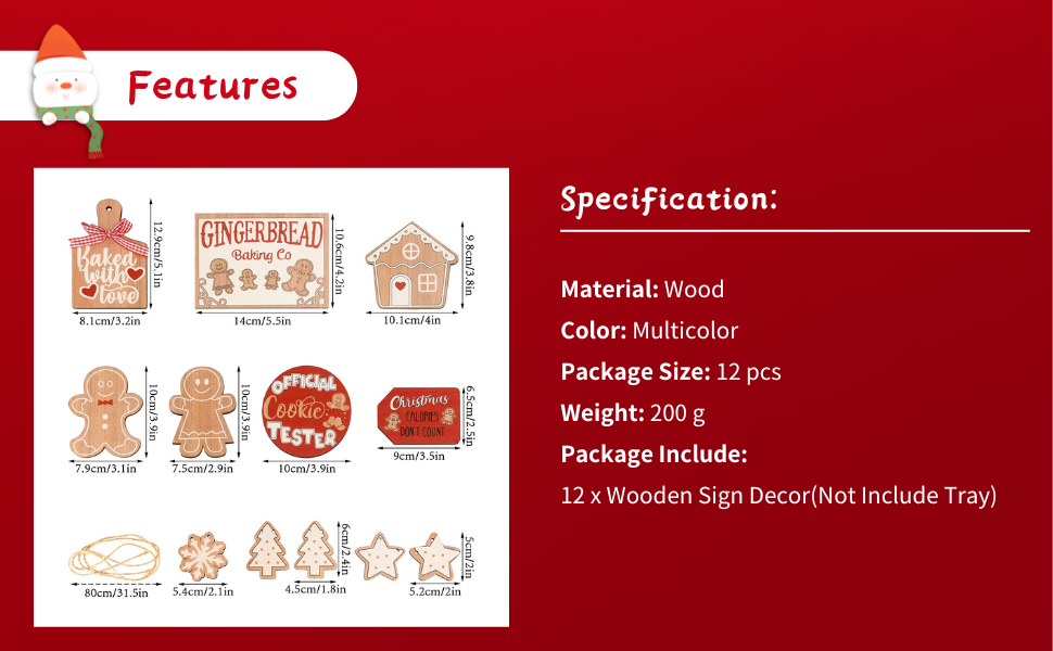 Product specification page showing wooden decorative items including gingerbread house and holiday shapes, with material details listing 12-piece set.